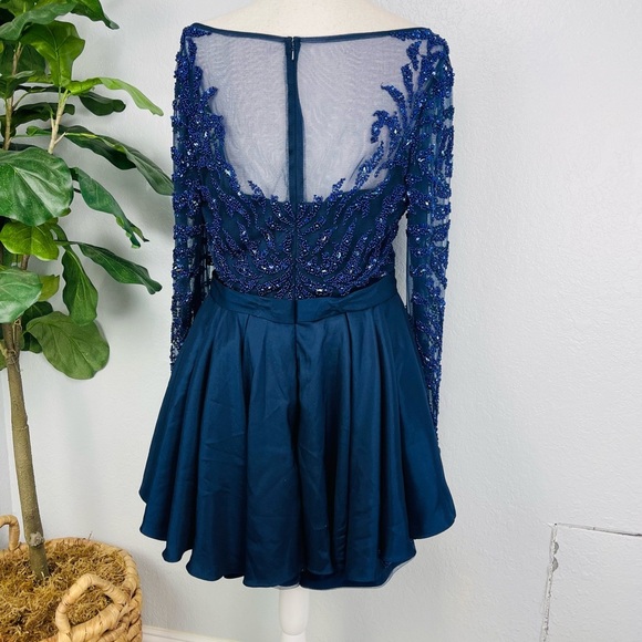 Modessa Couture Blue Embellished Peplum Long Sleeve Prom Homecoming Event Dress - Picture 6 of 16